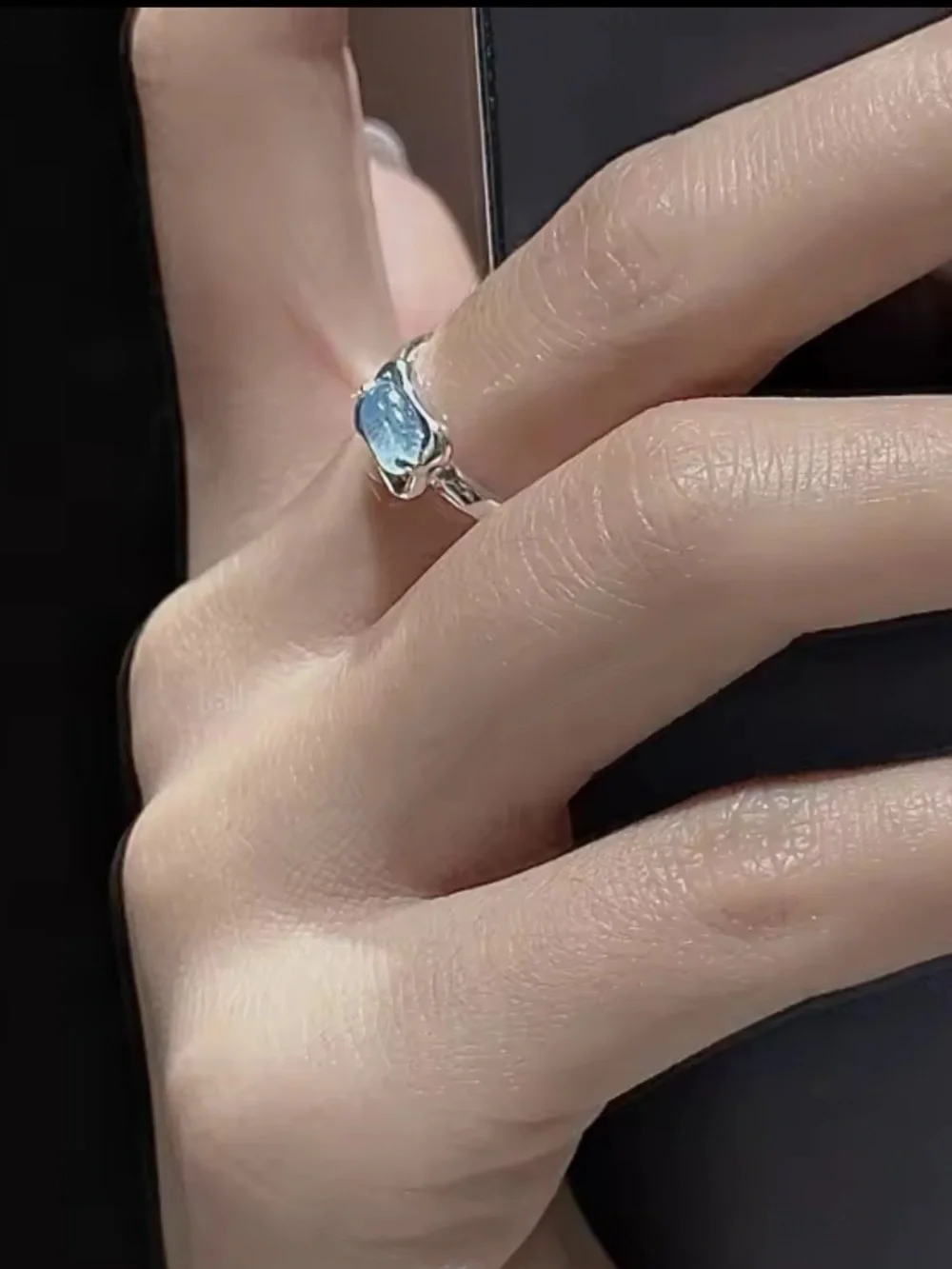 925 Sterling Silver Vintage Dainty light Blue Gemstone Clean Girl Open Ring